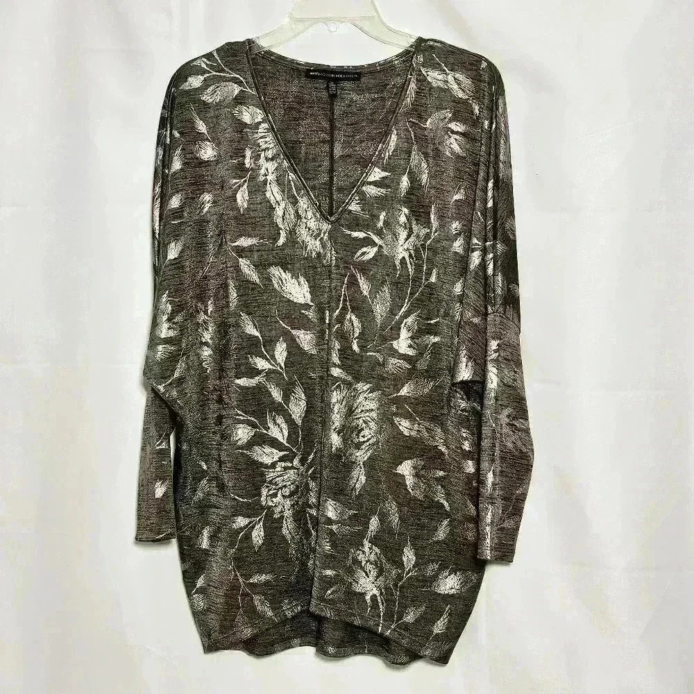 White House Black Market Charcoal Leaf Print Blouse